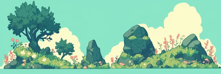 Gardinen Stylized hills with diverse slopes and lush greenery create a whimsical landscape © annetdebar