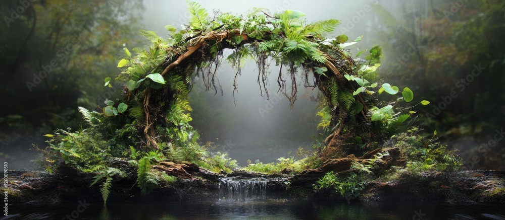 Poster vibrant circular arrangement of lush green plants and vines with a central divine avatar creating a 