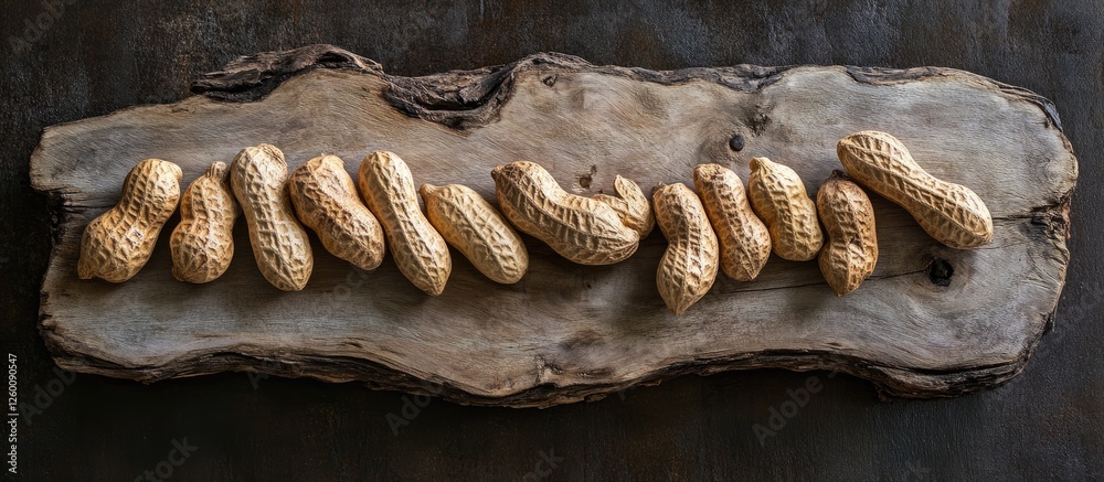 Poster Rustic display of plump peanuts arranged in a natural pattern on a textured dark wooden board highlighting their earthy colors and shapes.