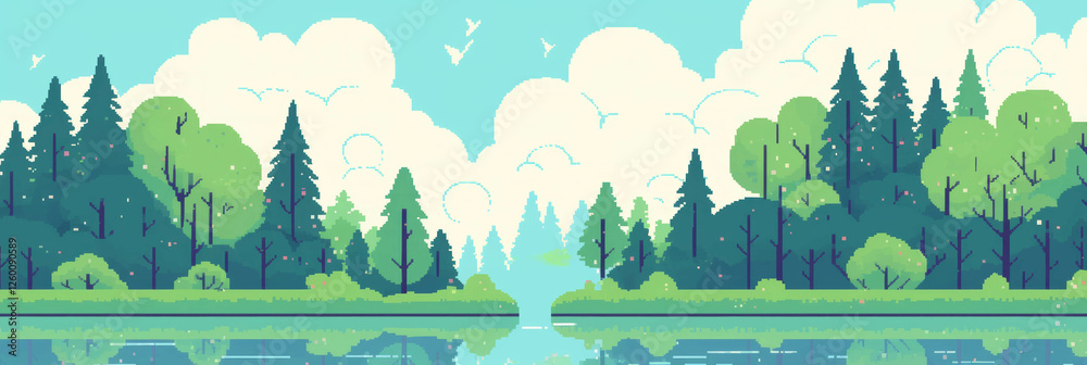 Poster stylized lakes reflecting clouds and trees in a vibrant pixel art landscape background