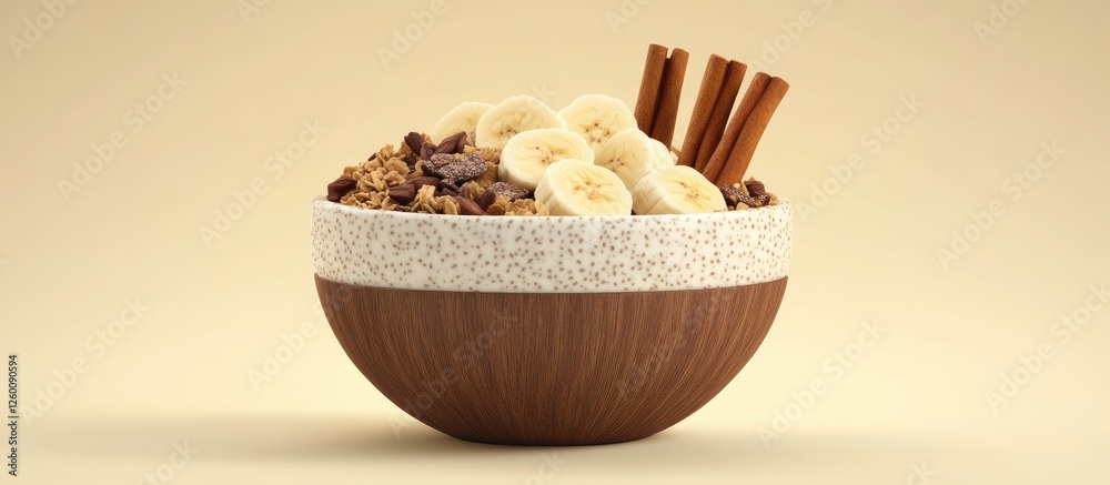 Poster chia pudding bowl featuring sliced bananas and granola topped with cinnamon sticks in a light beige 