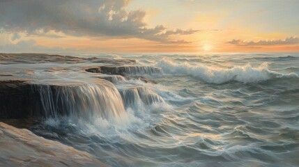 Fototapeta premium Serene Sunset Seascape: Ocean Waves Crashing on Rocky Coast at Golden Hour