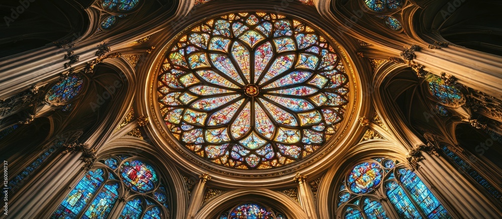 Poster Intricate circular stained glass rose window featuring colorful patterns, placed centrally against gothic arches and illuminated by soft natural light.