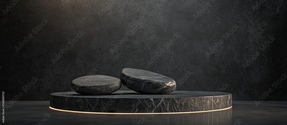Poster black stone sculptures on a round pedestal with a gold trim against a dark textured wall creating a 