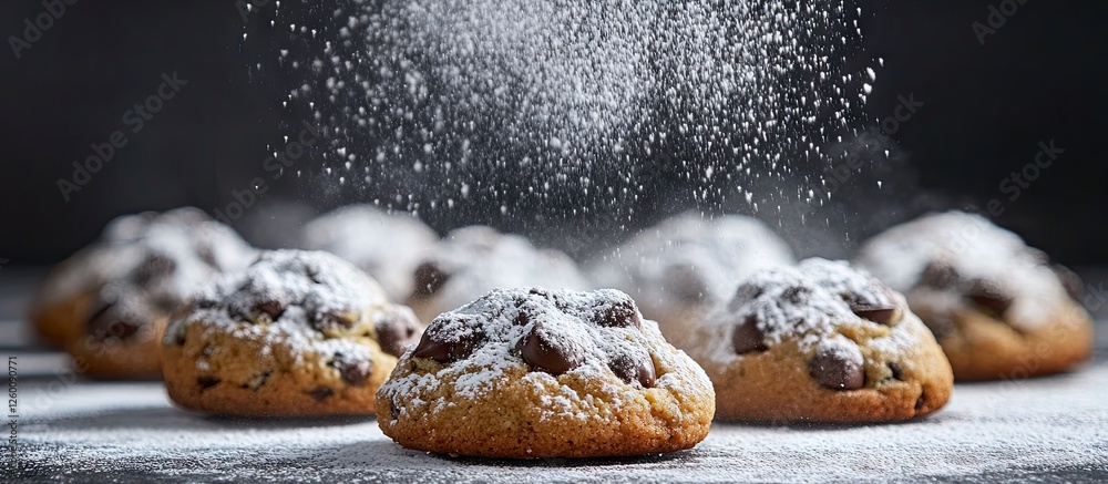 Poster Delicious chocolate chip cookies with powdered sugar on top displayed on a rustic surface with a blurred dark background creating a festive atmosphere