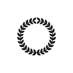 Black silhouette round laurel wreath. Wheat spikelets in a circle shape. Round frame of two bent branches with leaves in the shape of a circle or wreath. Vector logo and icon on white background.