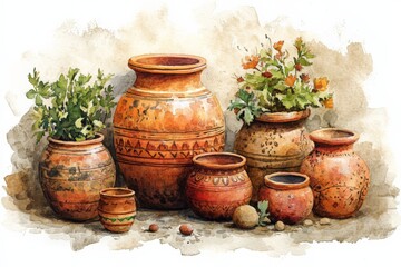Beautiful collection of traditional pottery with plants in natural setting showcasing handcrafted details