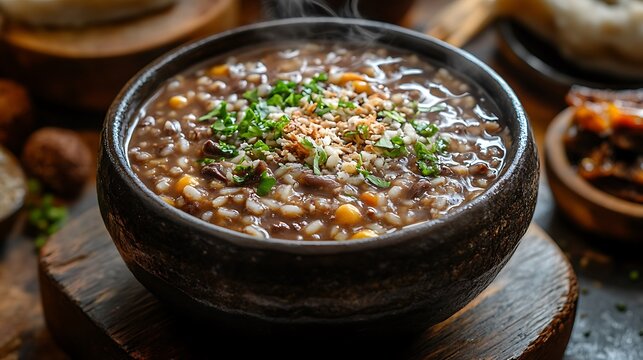 A steaming bowl of Filipino Champorado, rich chocolate rice porridge swirled with condensed milk, served in a rustic ceramic bowl, with tuyo (dried salted fish) on the side, soft morning light,