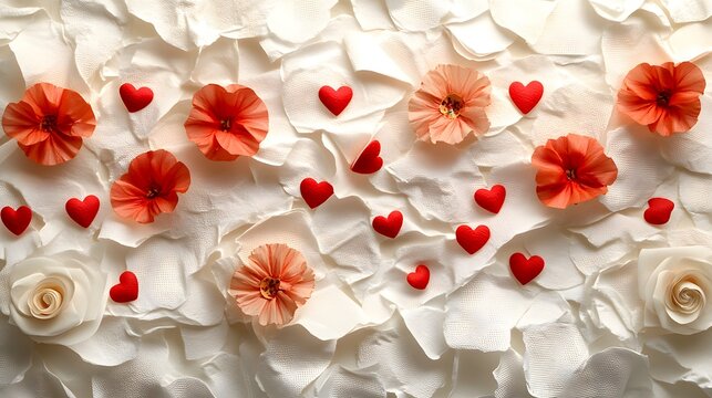 Whimsical Toilet Paper Display with Scattered Red Hearts for a Romantic Banner Concept