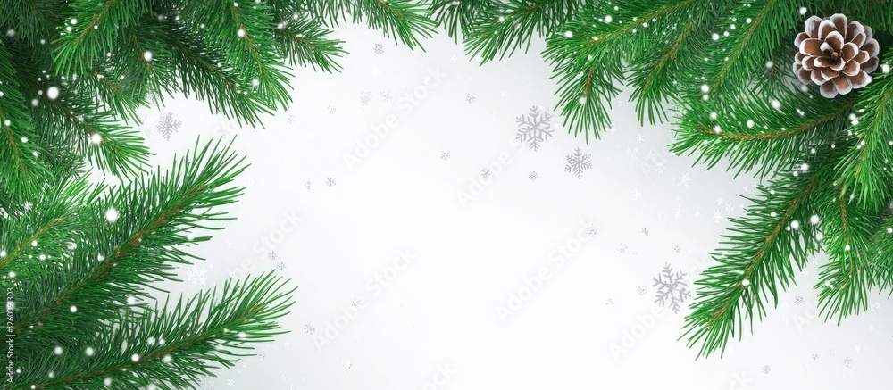 Poster christmas evergreen spruce branches with snowflakes and a pine cone arranged at the top corners on a