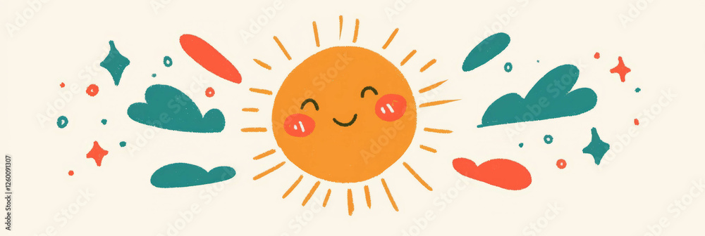 Poster charming stylized sun with a joyful expression and vibrant rays radiating warmth