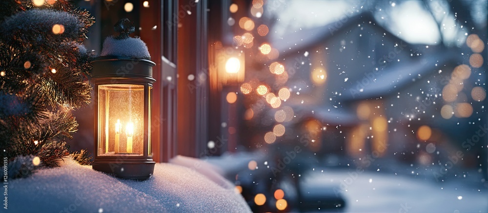 Aufkleber Cozy winter evening scene featuring a glowing lantern on a snow-covered ledge with softly falling snowflakes and blurred festive lights in the background.