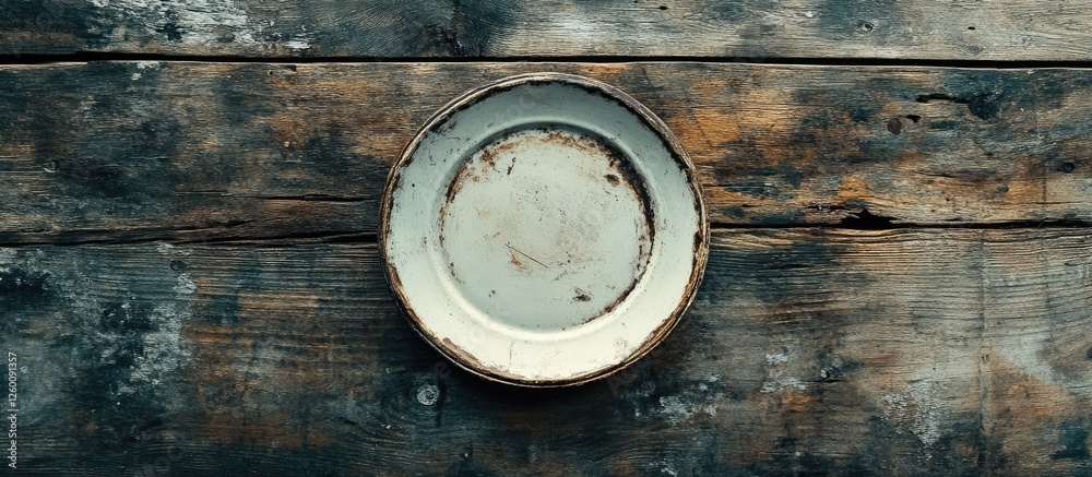 Aufkleber birds eye view of an empty vintage plate on a rustic weathered wooden table featuring gray and brown