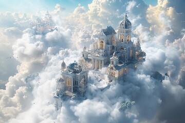 City of clouds with towering skyscrapers and serene blue sky at sunset
