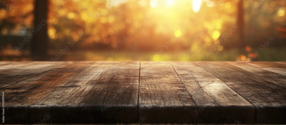 Aufkleber warm autumn sunset illuminating a rustic wooden table surrounded by blurred maple leaves creating a 