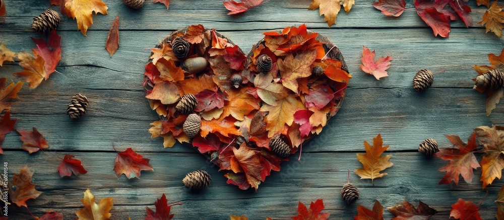 Aufkleber autumn heart shape made from colorful leaves with acorns and pine cones on rustic wooden boards crea