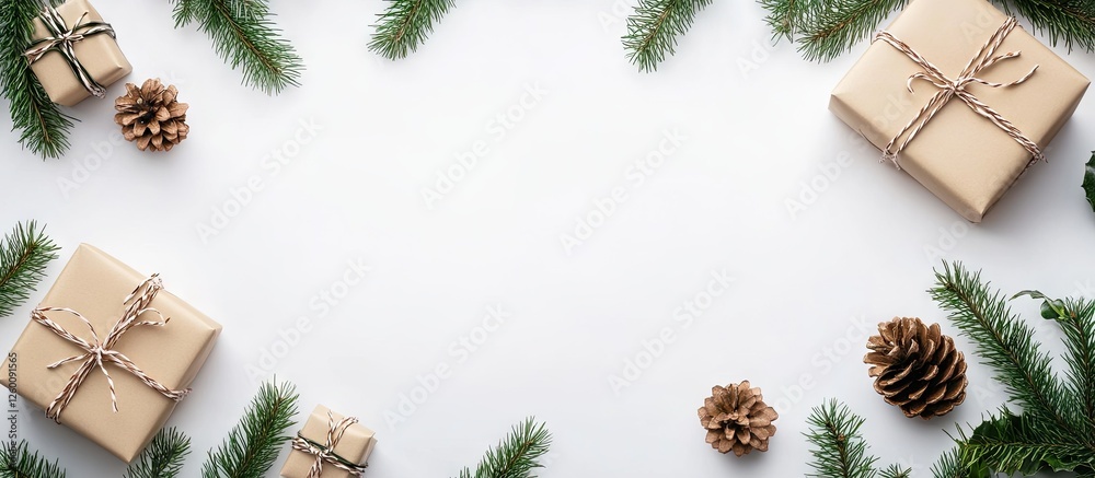 Poster Gift boxes wrapped in brown paper with twine surrounded by pine branches and pine cones on a white background creating a festive atmosphere