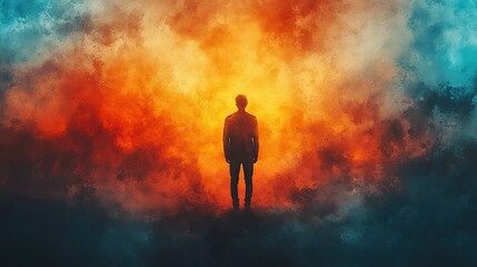 Fototapeta premium facing my faith a man standing in front of an orange and blue watercolor background