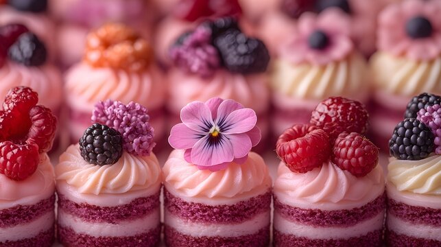 An Exquisite Assortment of Petit Gateaux Enhanced with Delightful Floral Decorations in a Chic Bakery Setting