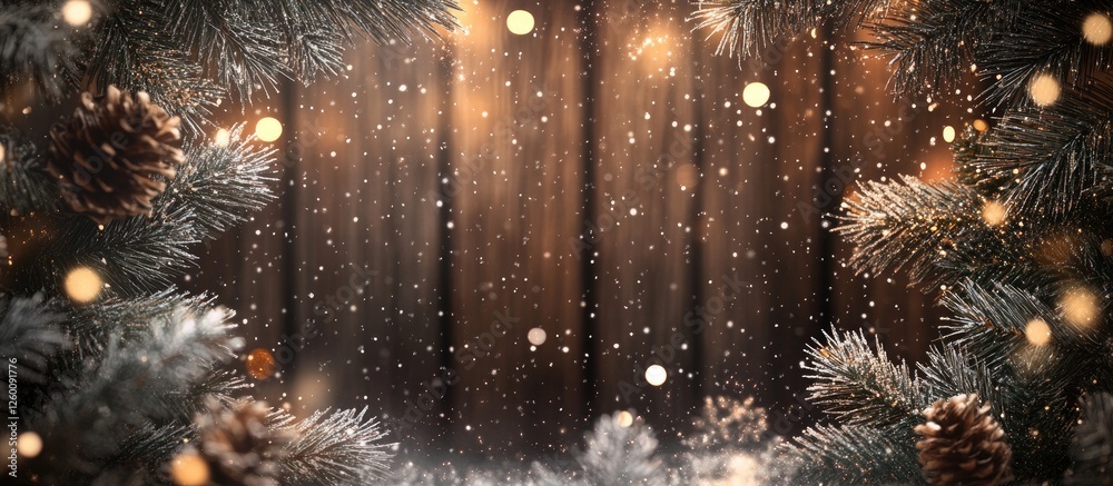 Poster christmas celebration backdrop with fir branches and sparkling snowflakes framing a dark wooden wall