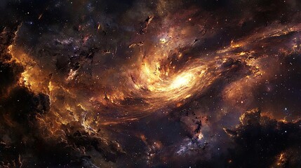 Obraz premium Fiery galaxy with glowing cosmic dust and swirling stars in deep space. A massive explosion of light and energy creates a breathtaking astronomical scene. Generative AI.