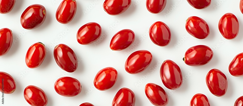 Poster bright red cherry tomatoes scattered on a white background, showcasing their vibrant color and gloss