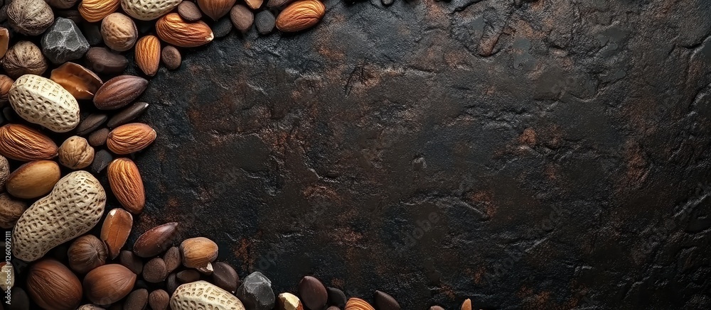 Fototapete Assorted nuts in a rustic arrangement on a dark textured background with ample free space for text on the top and left sides of the image