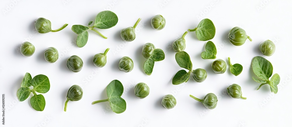 Aufkleber fresh baby capers with small green leaves arranged artistically on a bright white background providi