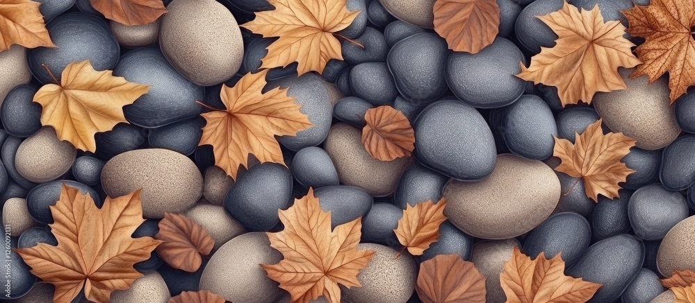 Aufkleber autumn leaves scattered across smooth pebbles in shades of brown and gray, creating a warm and seren