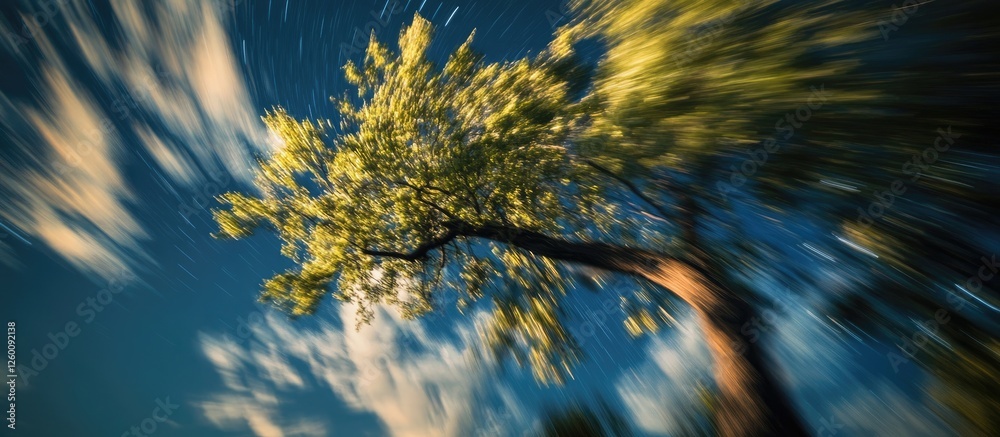 Aufkleber Abstract motion blur of a tree against a vibrant blue sky with dynamic clouds, capturing the essence of movement and nature's energy.