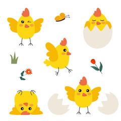 A cute set of funny baby chicks in various poses—some hatching from eggs, some sleeping in eggshells, and others joyfully playing. Perfect for Easter designs, children's illustrations, and decorations