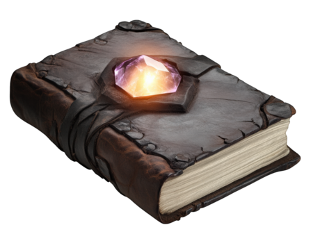 magical grimoire bound in leather with glowing gemstone on cover, exuding aura of mystery and enchantment