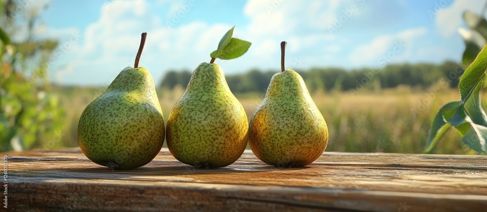 Poster Fresh green pears on a rustic wooden table in a tranquil garden under a sunny sky with soft clouds and lush greenery in the background.