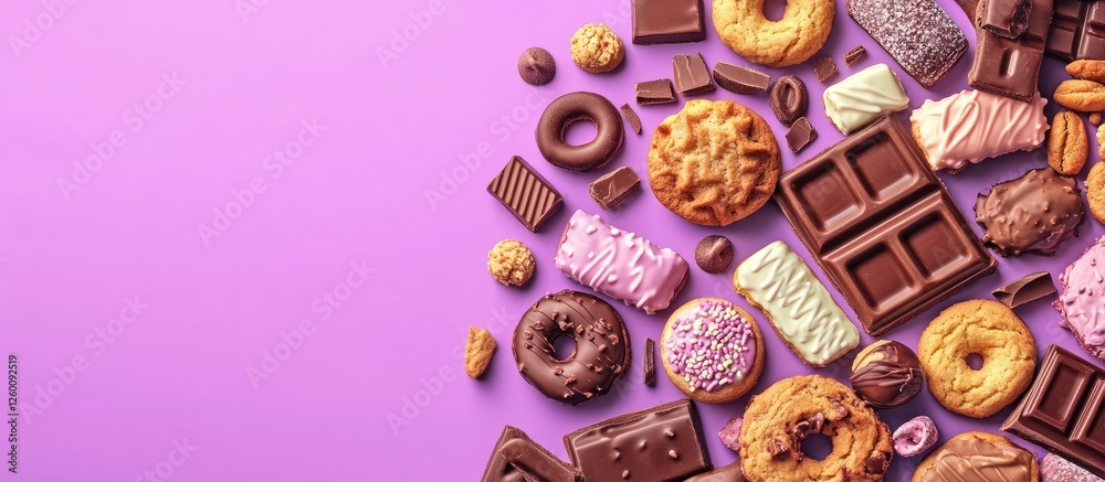 Poster Colorful assortment of cookies chocolates and sweets arranged on a vibrant purple background with delicious textures and patterns on display.