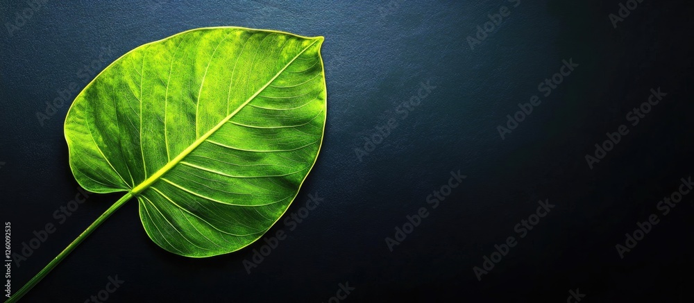 Fototapete banyan tree leaf in vibrant green positioned on the left against a dark background with ample copy s