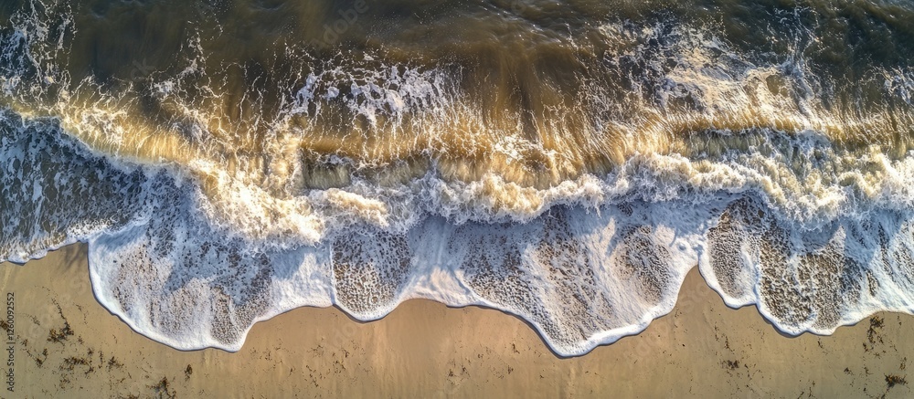 Aufkleber aerial view of ocean waves with white foam crashing onto sandy shore showcasing dynamic movement and