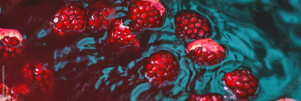 Poster dark red milk with pomegranate ripples and seeds creates a captivating visual experience