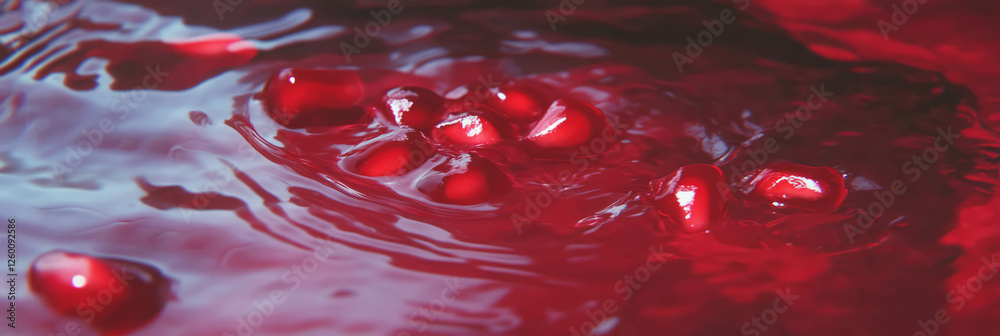 Poster Swirls of dark red milk blending with pomegranate seeds in a captivating top view