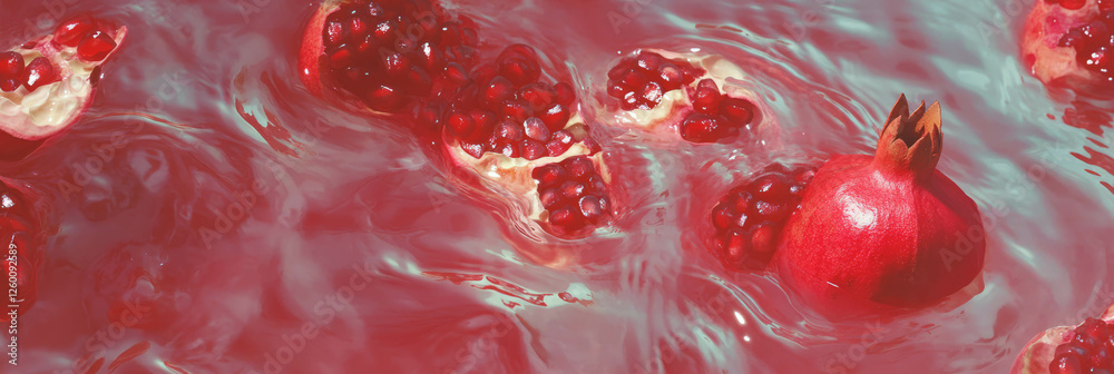 Poster dark red milk featuring pomegranate ripples and sinking seeds in top view setting