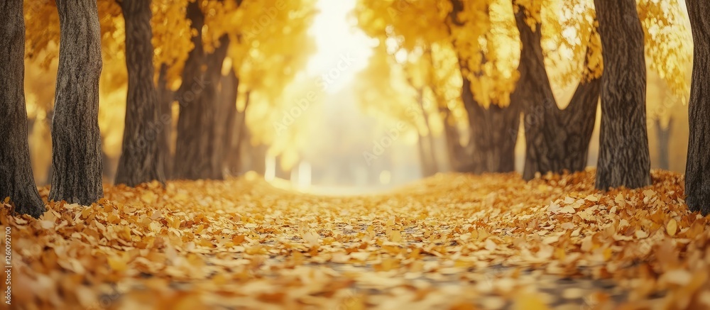 Poster golden autumn forest pathway lined with tall trees displaying vibrant yellow leaves and a carpet of 