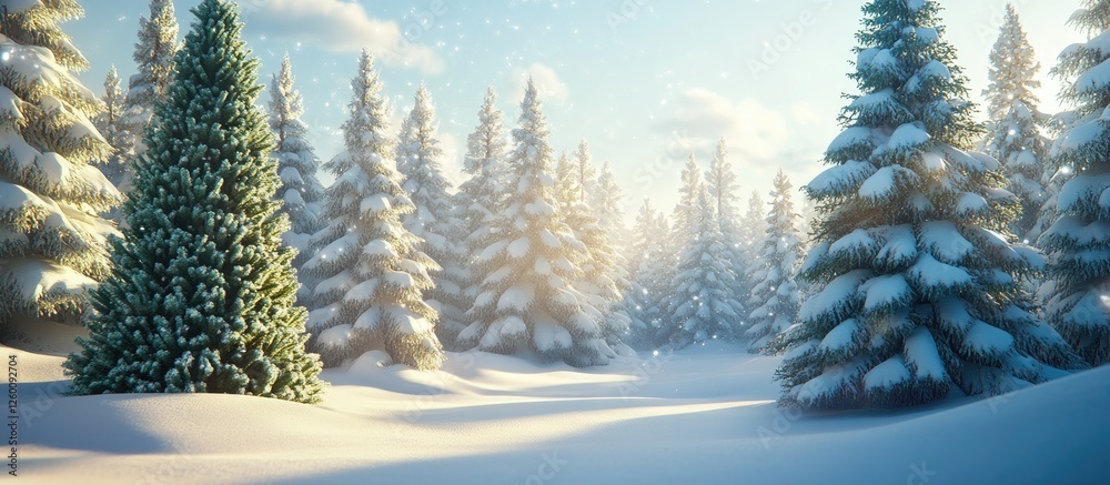Poster winter wonderland scene with snow-covered christmas trees bathed in soft sunlight and surrounded by 