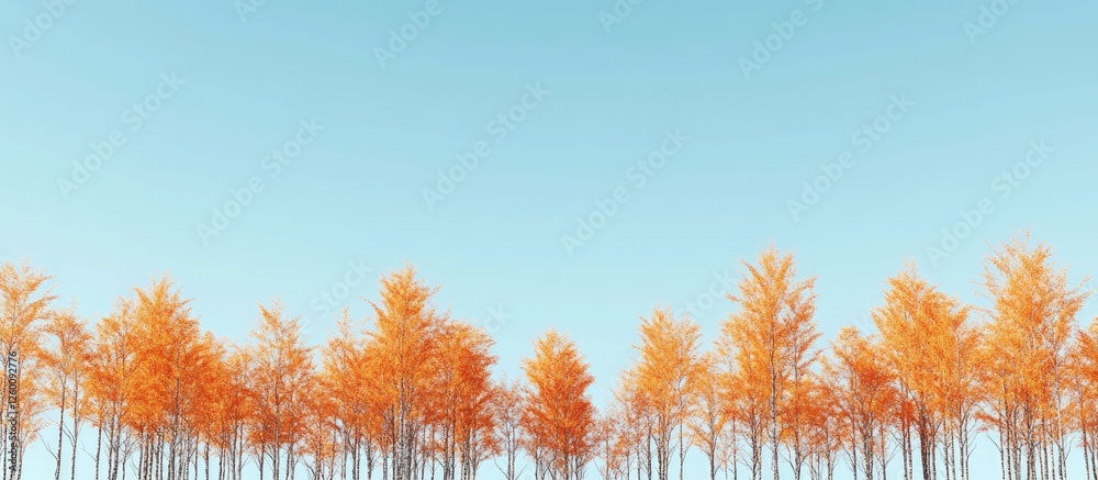 Poster autumn forest landscape with bare trees against a clear blue sky featuring vibrant orange foliage in