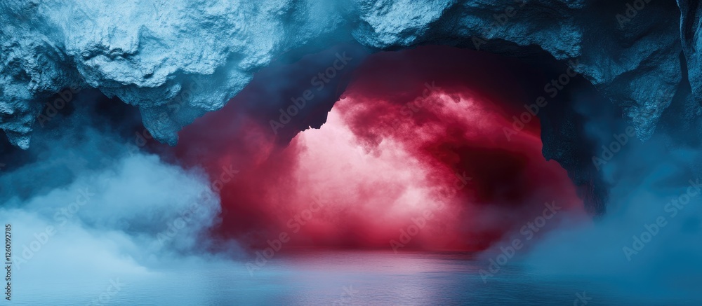 Poster cave entrance surrounded by swirling red smoke and blue fog conveys a mysterious atmosphere with dra