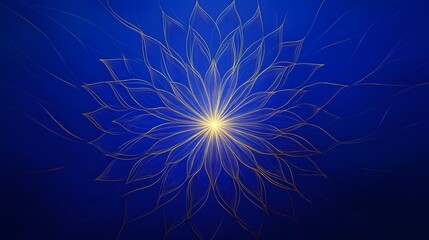 Golden Flower Blooms on Blue Canvas, Abstract Art Design