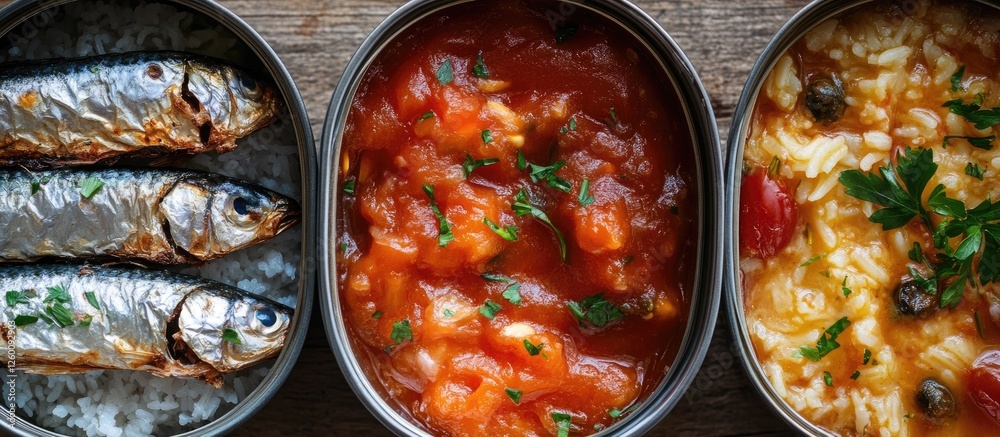 Poster canned sardines in tomato puree served with rice and topped with parsley arranged in metallic tins o