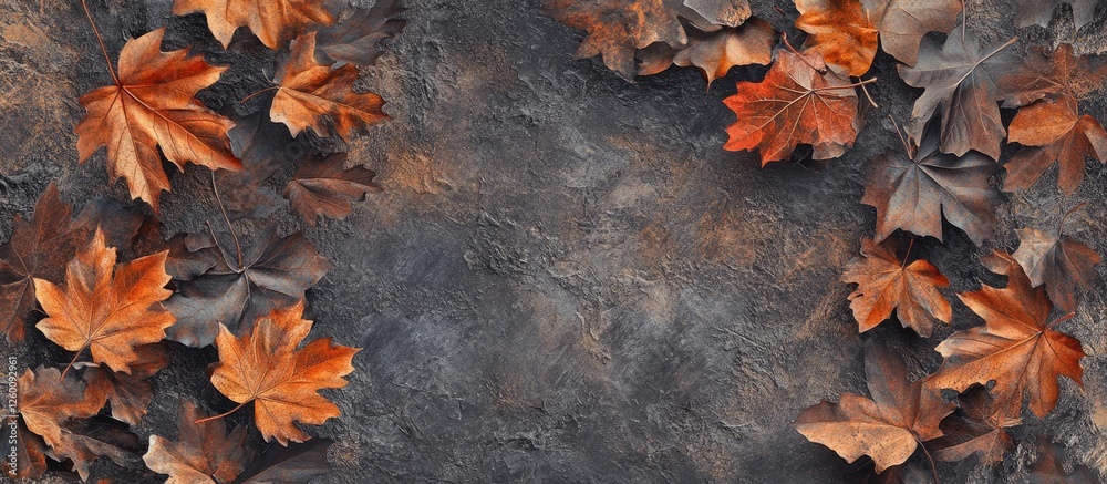 Aufkleber Rustic autumnal background with vibrant orange and brown maple leaves around the edges on a textured dark gray surface creating a seasonal vibe