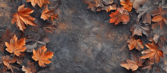 Rustic autumnal background with vibrant orange and brown maple leaves around the edges on a textured dark gray surface creating a seasonal vibe