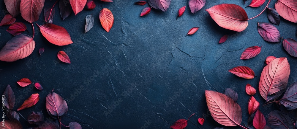 Leinwandbilder autumn leaves in shades of red and purple arranged in a flat lay on a textured dark blue background 
