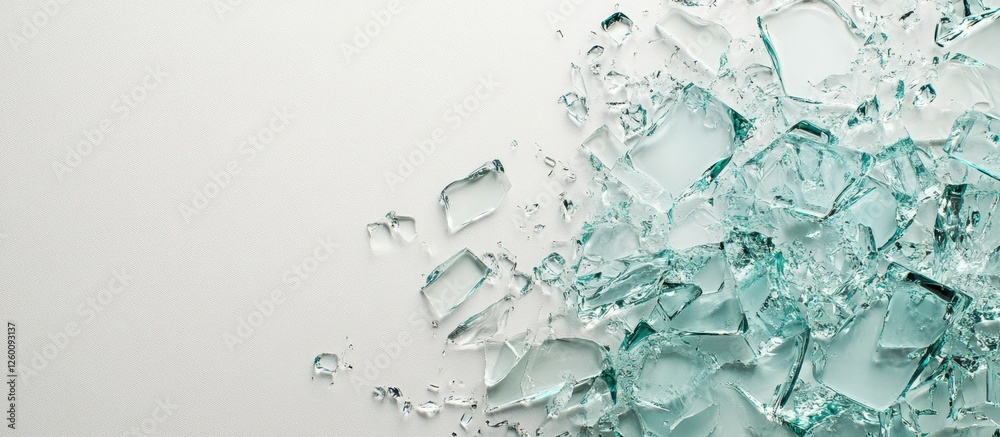 Poster shattered glass pieces in various sizes scattered across a smooth white background showcasing a stri