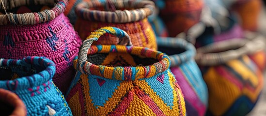 Vibrant close-up of colorful artisanal woven baskets in various blue, pink, and yellow hues, showcasing intricate patterns and textures.